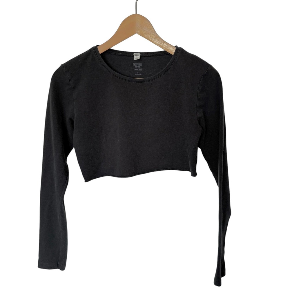 Uniqlo Heattech Cotton Top Women Small black cropped Long Sleeve Raw Hemp